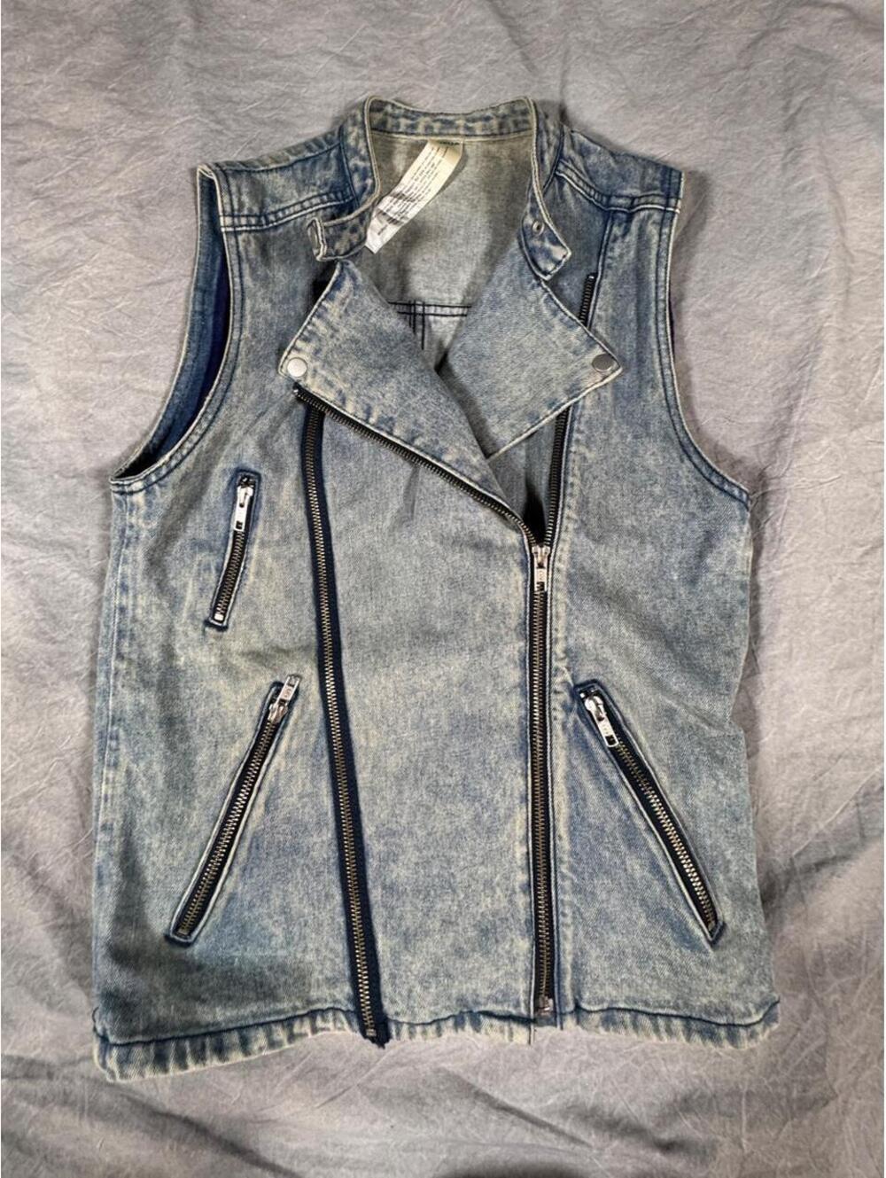 MURUA Acid Wash Denim Moto Vest Asymmetrical Zip Japanese Streetwear